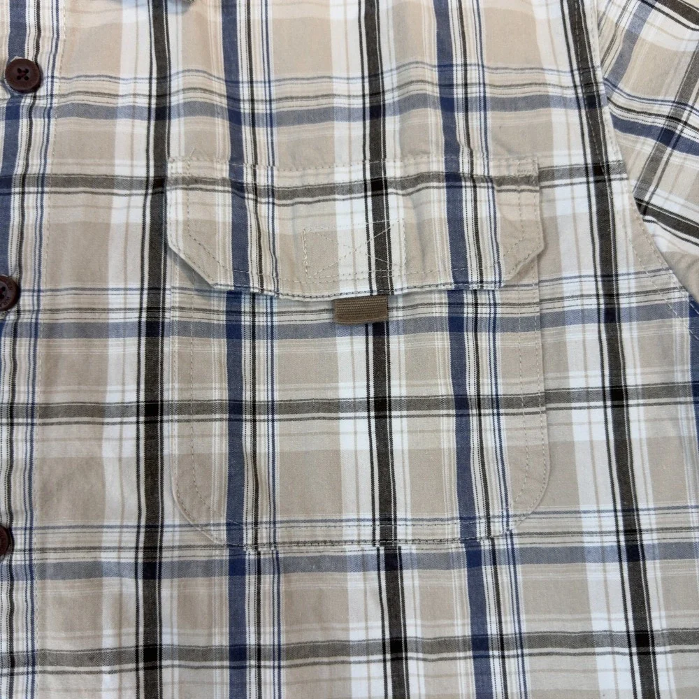 Wrangler Authentics Shirt Men's Large Tan Blue‎ Plaid Button Down Short Sleeve